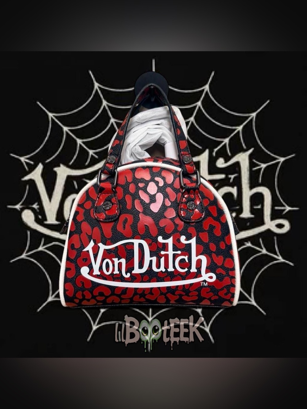Von Dutch Black & Red Leopard Print Crossbody Bowling Bag w White Logo VIRAL Y2K